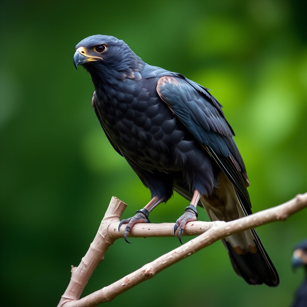 Capture a close-up of a black hawk perched on a branch with a blurred green background, using a DSLR camera with a 50mm lens, aperture set to f/2.8, ISO 400, shutter speed of 1/250s, and a shallow depth of field for enhanced detail and focus on the subject.
