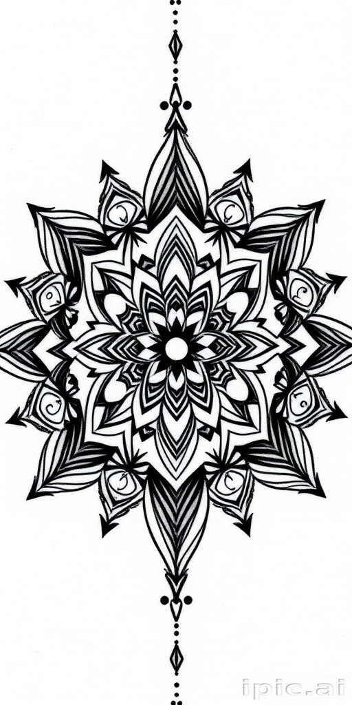 Intricate blackwork geometric tattoo called "Sacred Symmetry" showcasing a complex pattern of interconnected triangles, circles, and hexagons forming a mesmerizing mandala-like design, with bold solid black lines and precise dotwork shading creating depth and dimension in a striking monochromatic style