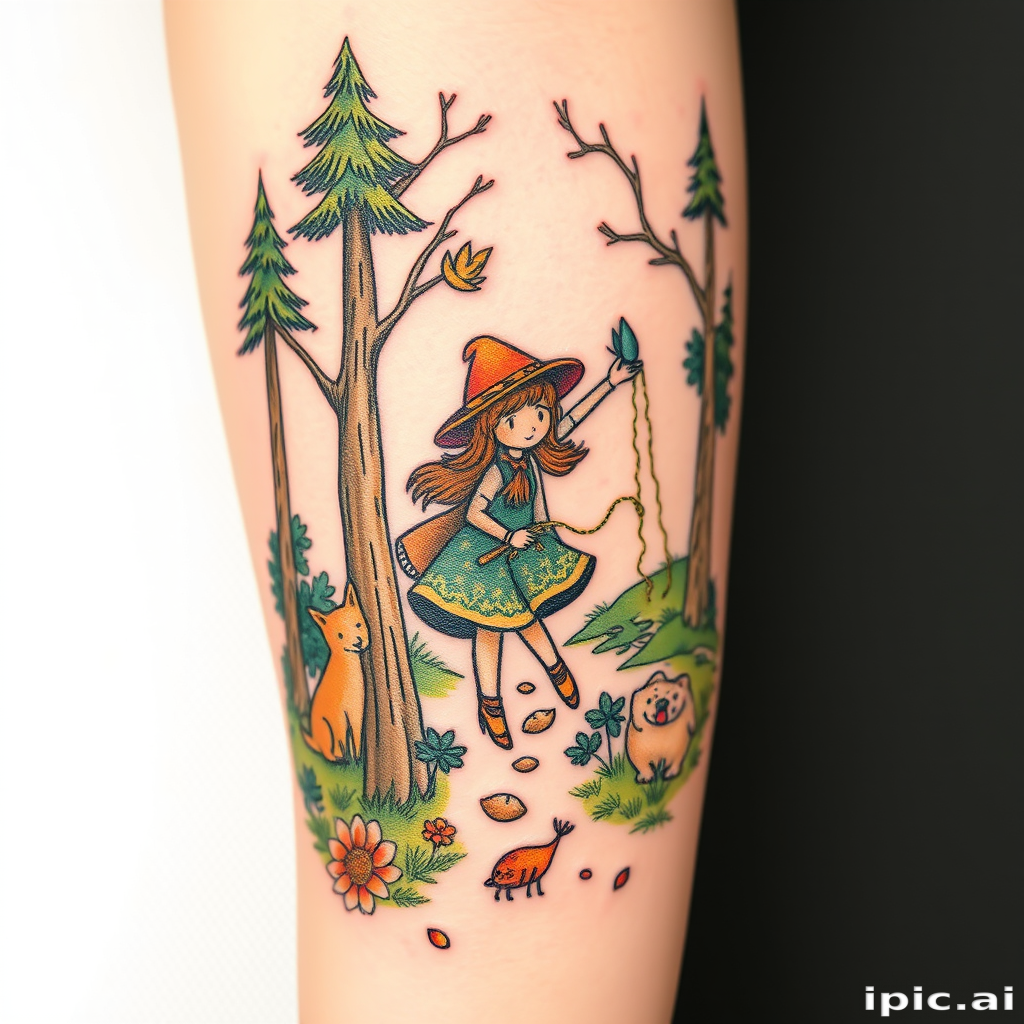 Illustrative tattoo "Whimsical Wanderer" depicting a charming forest scene with woodland creatures and fantastical elements in a storybook-inspired style with soft, earthy color palette