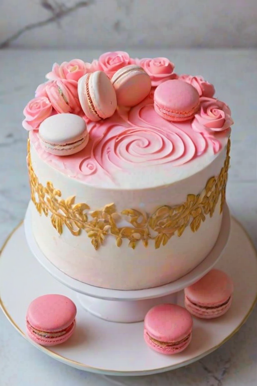 Create an image of a beautifully decorated cake with a smooth white and pink gradient frosting. The cake is topped with a variety of pink macarons, delicate pink roses, and swirls of frosting. Add some decorative gold accents and small pink candies for an elegant touch. The background should be simple and neutral to highlight the cake.