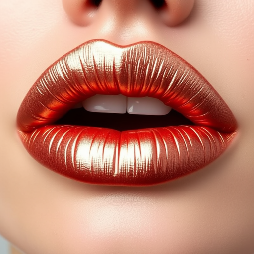 Metallic rose gold lips with a foiled finish, titled "Gilded Petal," exhibit a unique shimmering texture and slightly overlined shape for added drama