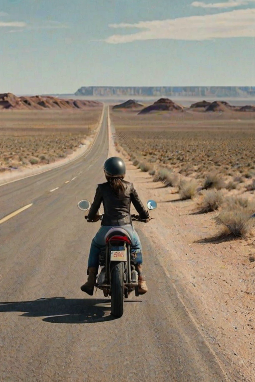 Empty desert road stretching to the horizon, a vintage motorcycle parked on the side as a woman pulls off her helmet, taking in the vast, open landscape.