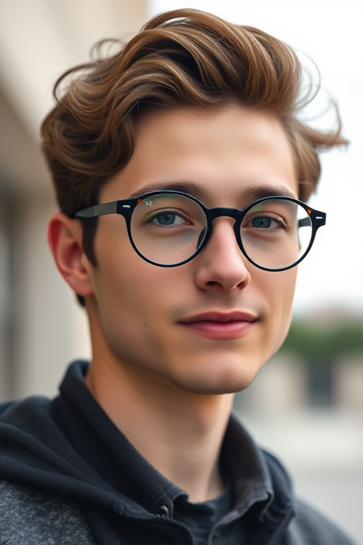 Create a high-resolution portrait of a young man with round glasses and wavy hair, using a Canon EOS R5 with a 50mm f/1.2 lens, ISO 100, 1/200 sec, with a soft focus background and natural lighting for enhanced detail and color vibrancy.