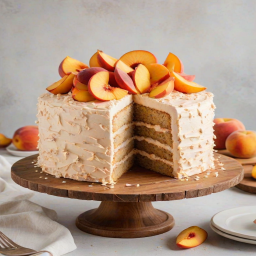 Create an image of a layered cake on a wooden cake stand. The cake is filled with peach preserves and has a smooth frosting on the outside. The top is generously decorated with fresh peach slices and crumbled cookie pieces. Surround the cake with fresh peaches and a soft, neutral background.