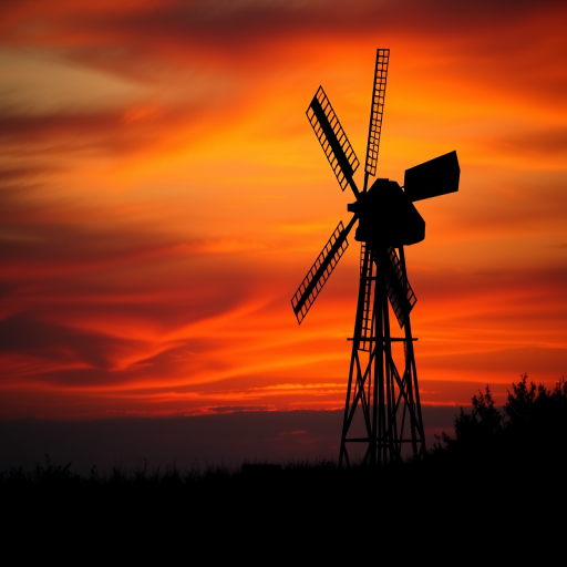 create a silhouette of a windmill against a sunset sky with vibrant oranges and reds, use a DSLR camera with a 50mm lens, aperture f/8, ISO 100, and a wide-angle view to enhance depth and clarity