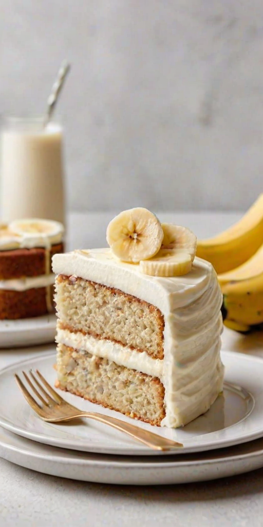 Create an image of a slice of banana cake with layers of creamy frosting, topped with banana slices. The cake should be on a white plate with a soft background, highlighting the cake's texture and the fresh banana decoration.