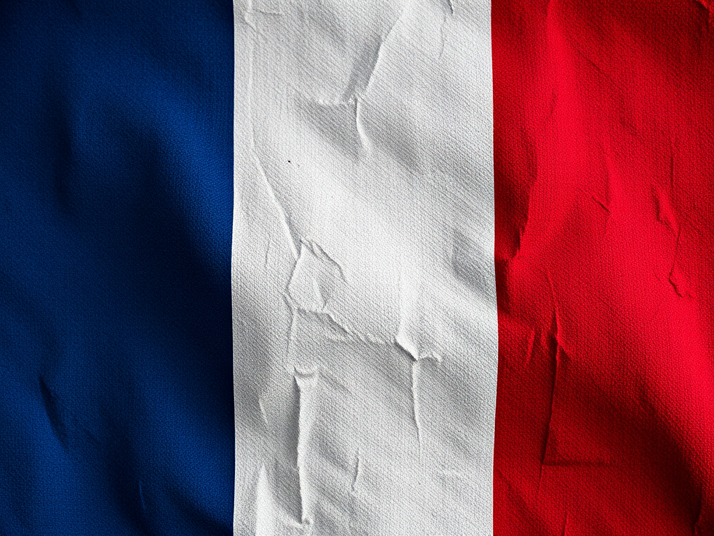 Create a high-resolution image of the French flag with a textured, grunge effect, camera settings: ISO 100, f/8, 1/100s, camera view: straight-on, camera style: macro, camera type: DSLR.