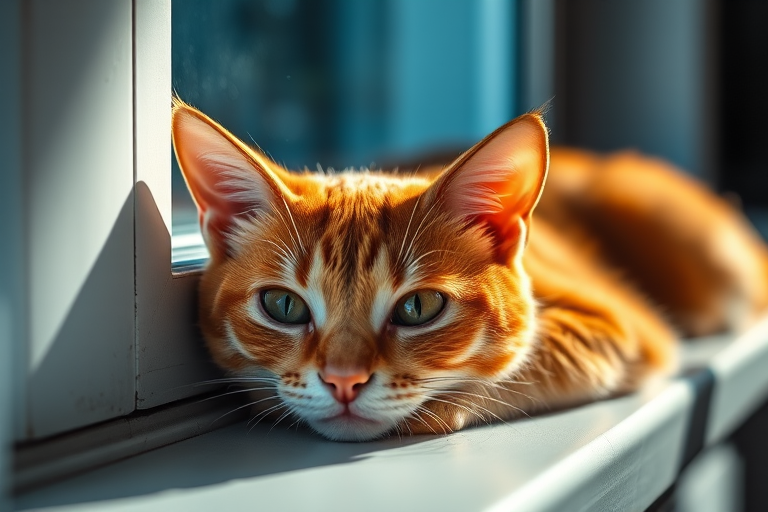 Capture a close-up of an orange tabby cat resting on a windowsill with natural light illuminating its fur, use a Canon EOS R5 camera with a 50mm f/1.2 lens, settings at ISO 200, aperture f/2.0, shutter speed 1/250 sec, focus on the cat's eyes, shallow depth of field for a blurred background.