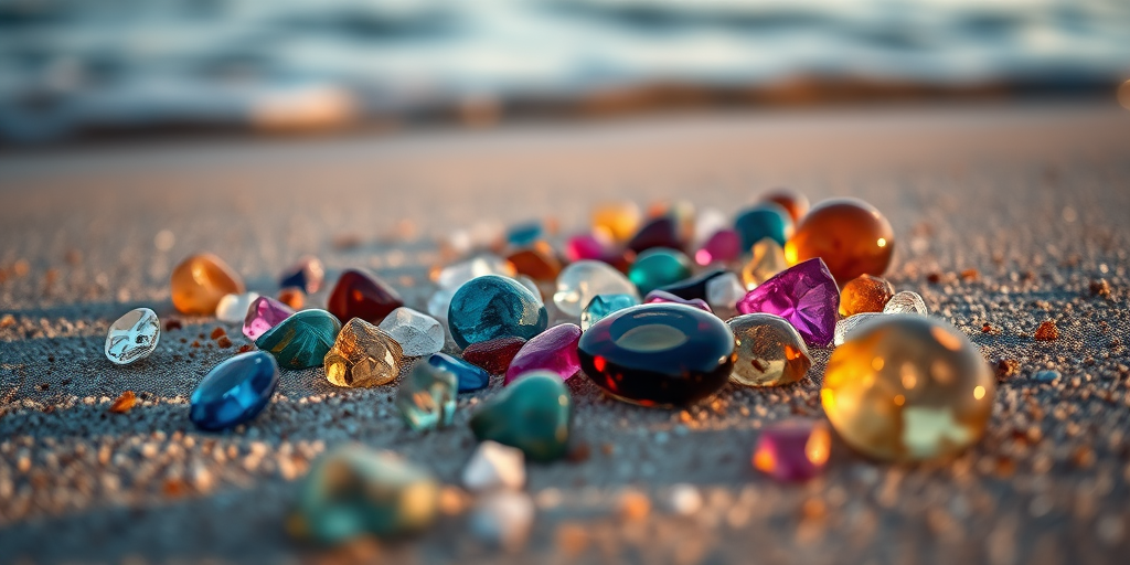 colorful gemstones on a sandy beach with water in the background, shallow depth of field, macro lens, f/2.8 aperture, ISO 100, 1/500s shutter speed, golden hour lighting, landscape orientation, DSLR camera