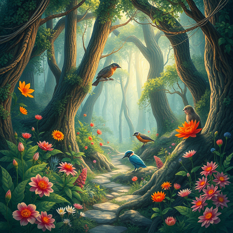 Create a detailed illustration of a mystical forest scene featuring vibrant flora and fauna, captured with a DSLR camera at f/2.8 aperture, ISO 100, 1/250s shutter speed, using a wide-angle lens with a depth of field effect for enhanced quality.