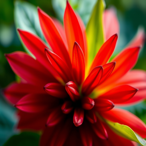 Create a vibrant digital painting of a red flower with green leaves, using a macro lens perspective, f/4 aperture, 1/125 shutter speed, with a soft focus style, using a DSLR camera to enhance image quality.