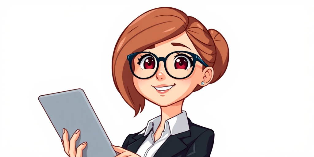 Create a high-quality illustration of a female cartoon character with glasses, holding a tablet, wearing a black suit and a white shirt, smiling, set against a plain white background, with soft lighting, using a DSLR camera with a 50mm lens, f/1.8 aperture, ISO 100, and a focus on vibrant colors and sharp details.