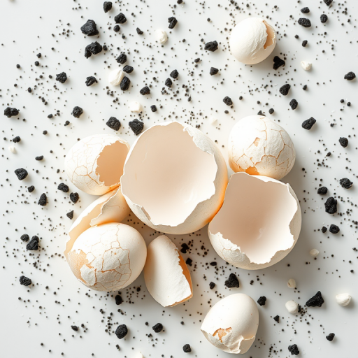 Create a highly detailed vector illustration of cracked eggshells with varying sizes and scattered black dots on a transparent background, captured with a Canon EOS R5 at f/8, ISO 100, 1/125 sec, utilizing a macro lens for close-up clarity.
