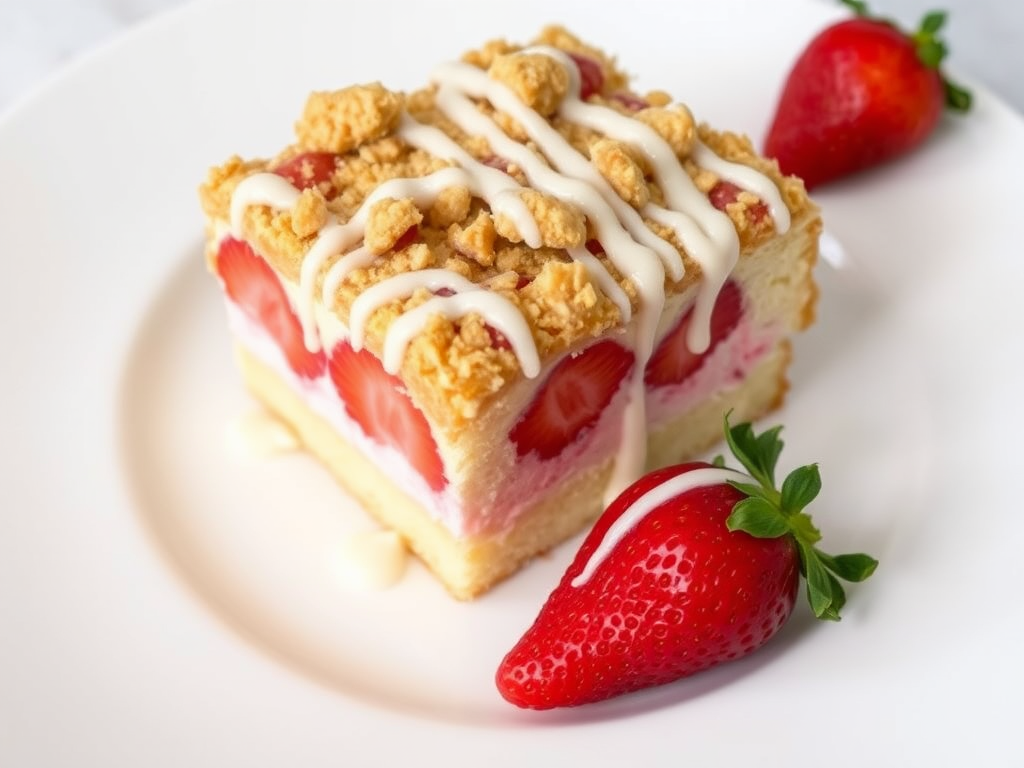 A slice of strawberry cream cake topped with crumble and drizzled with white icing served on a white plate with a fresh strawberry beside it.