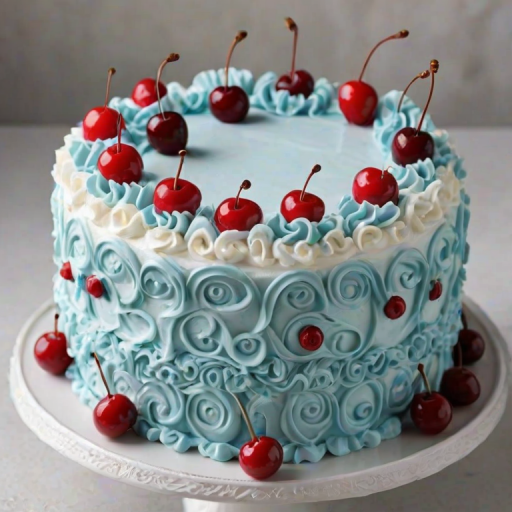 Create an image of a beautifully decorated cake with a smooth white frosting base. The cake has a light blue icing design featuring decorative swirls and ruffles around the edges. On top, place several bright red cherries, evenly spaced around the cake, creating a vibrant contrast. The cake should be displayed on a simple white plate against a neutral background.