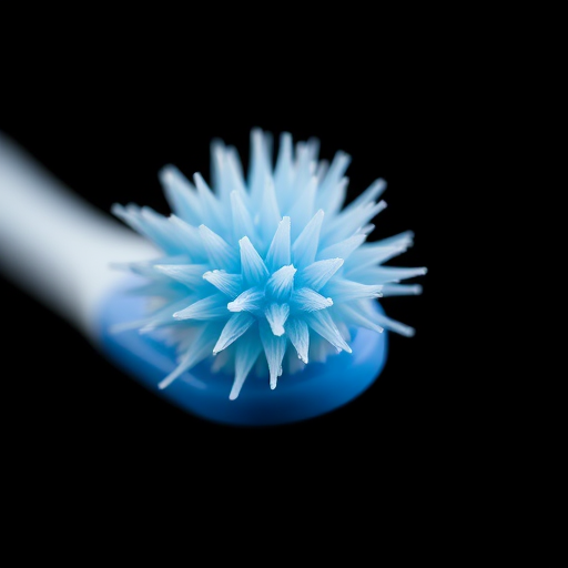 Create a high-resolution image of a toothbrush with detailed bristles, using a macro lens at aperture f/2.8, ISO 100, and shutter speed 1/200s, captured from a side angle on a black background.