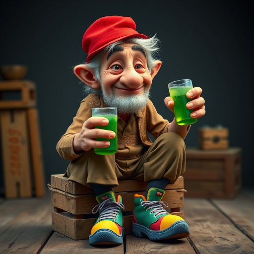 Create a detailed cartoon character of a disheveled old man with a missing arm, sitting on a wooden crate, holding a green drink, wearing a red hat and colorful oversized shoes, captured in a vibrant style, using a Canon EOS R5 with a 50mm lens at f/1.8, ISO 100, and a shallow depth of field for enhanced image quality, in a well-lit studio environment with a softbox.