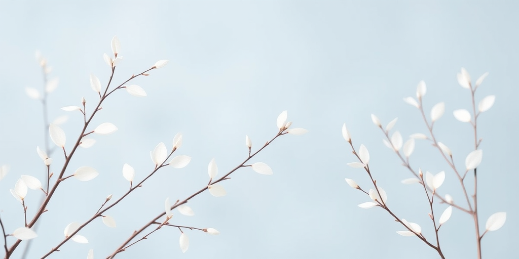 A seamless background design featuring delicate, minimalistic white leaves and branches on a soft blue backdrop, captured with a high-resolution DSLR camera at f/2.8 aperture, ISO 100, 50mm lens, shallow depth of field, and soft focus.
