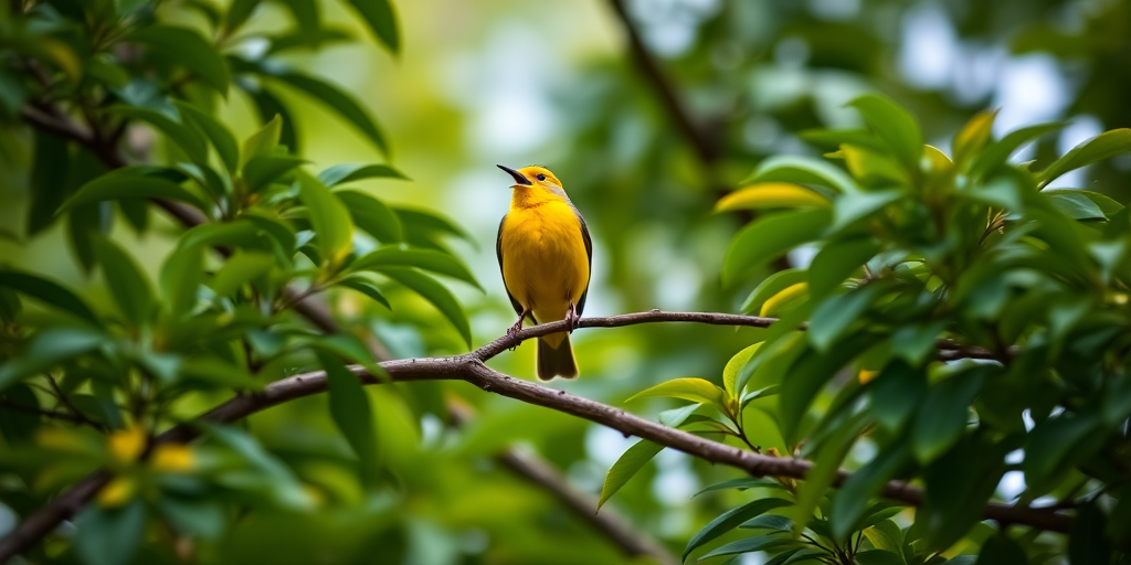 A vibrant yellow bird singing on a tree branch surrounded by lush green foliage, captured with a DSLR camera, 50mm lens, aperture f/2.8, shutter speed 1/500s, ISO 100, natural lighting, shallow depth of field.