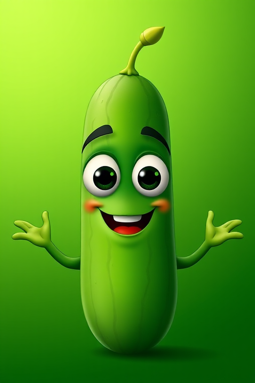Create a cartoon-style image of a smiling cucumber character with large expressive eyes and arms, set against a smooth green gradient background, using a DSLR camera at f/2.8 aperture, ISO 100, 50mm lens, and 1/200s shutter speed for enhanced clarity and detail.