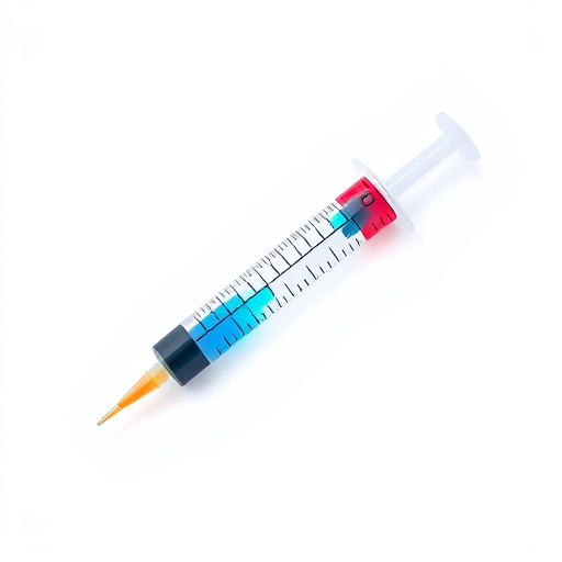 create a vibrant vector illustration of a syringe with a bright blue and red design on a plain white background, shot with a Canon EOS R5 at f/5.6, 50mm lens, ISO 100, natural lighting, focus on the syringe with a shallow depth of field for clarity and detail
