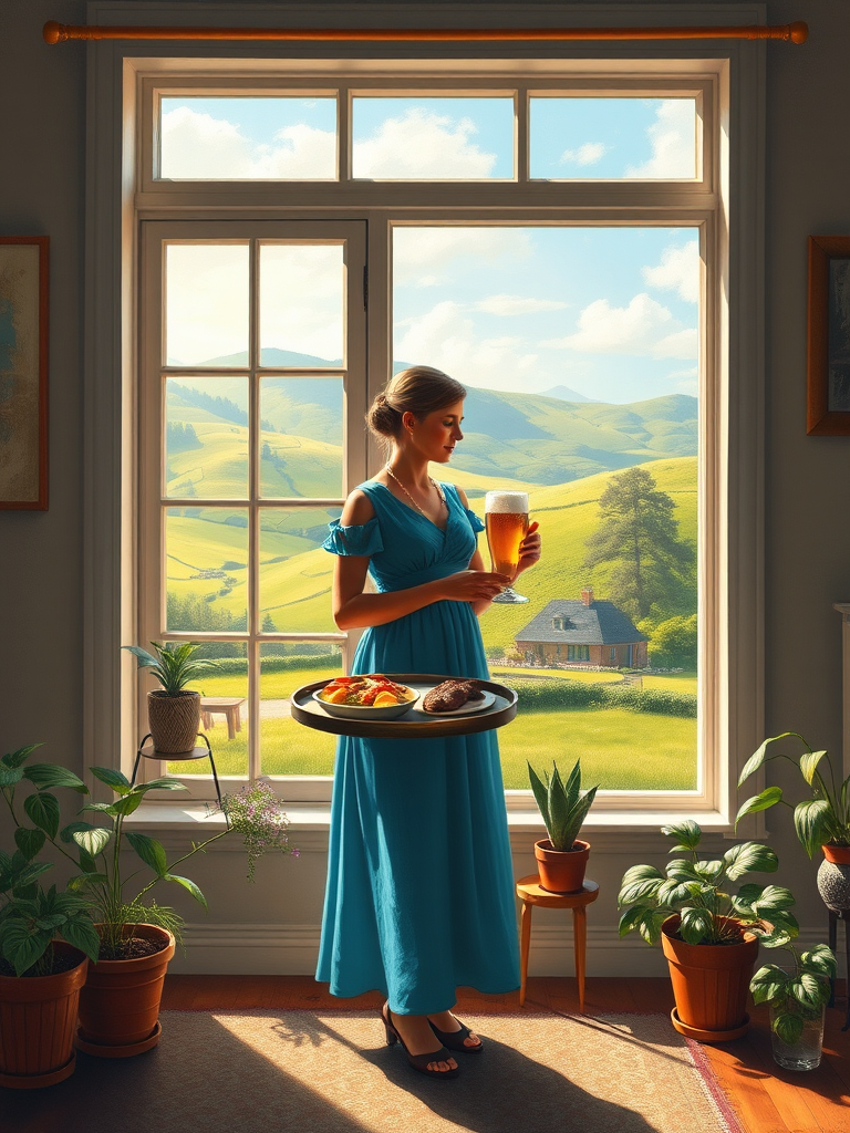 In "A Glass of Beer on the Highland," a serene scene is depicted in a sunlit room where a woman in a vibrant blue dress stands by a large window. She holds a tray with a hearty meal and a frothy glass of beer, embodying a moment of relaxation. Outside, the breathtaking highland landscape features rolling green hills and a charming traditional house, all bathed in warm afternoon light. The interior is adorned with potted plants, creating a harmonious blend of comfort and nature. The painting beautifully captures the tranquility and joy found in simple pleasures amidst stunning scenery