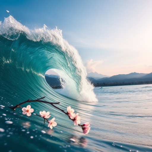 Create a high-resolution image of a dynamic wave with cherry blossoms in the foreground, set against a serene mountain landscape under a clear sky with soft clouds, captured with a DSLR camera at f/8 aperture, 1/250 shutter speed, and ISO 100, using a wide-angle lens for a vibrant and detailed perspective.