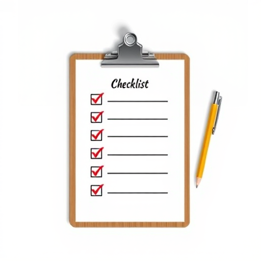 Create a high-quality digital illustration of a clipboard with a checklist, using a 50mm lens, aperture f/2.8, ISO 100, top-down view, in a flat lay style, with vibrant colors and a clean background.