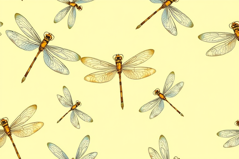 create a seamless pattern of hand-drawn dragonflies with soft blue wings and golden bodies on a pale yellow background, use a Canon EOS R5, f/8 aperture, 1/125 shutter speed, ISO 200, top-down view, vibrant colors and sharp details