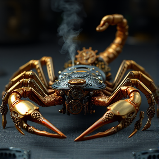 Create a high-intensity, high-resolution image of a steampunk scorpion, featuring intricate clockwork mechanisms and brass gears. The scorpion should have metallic limbs with elaborate jointed segments, showcasing a blend of Victorian-era aesthetics and futuristic technology. The body should be adorned with cogwheels, pistons, and small steam vents emitting a subtle mist, the front pinchers should up up and open. Capture the scene with dramatic lighting to emphasize the mechanical details, giving it a sense of motion and life