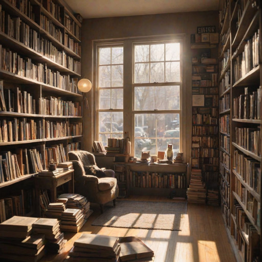 Clear, detailed shot of a cozy bookstore, shelves packed with old and new books, sunlight streaming through the front windows, a cat lounging on the counter, a customer flipping through a book at a small reading nook, soft background music playing from hidden speakers.