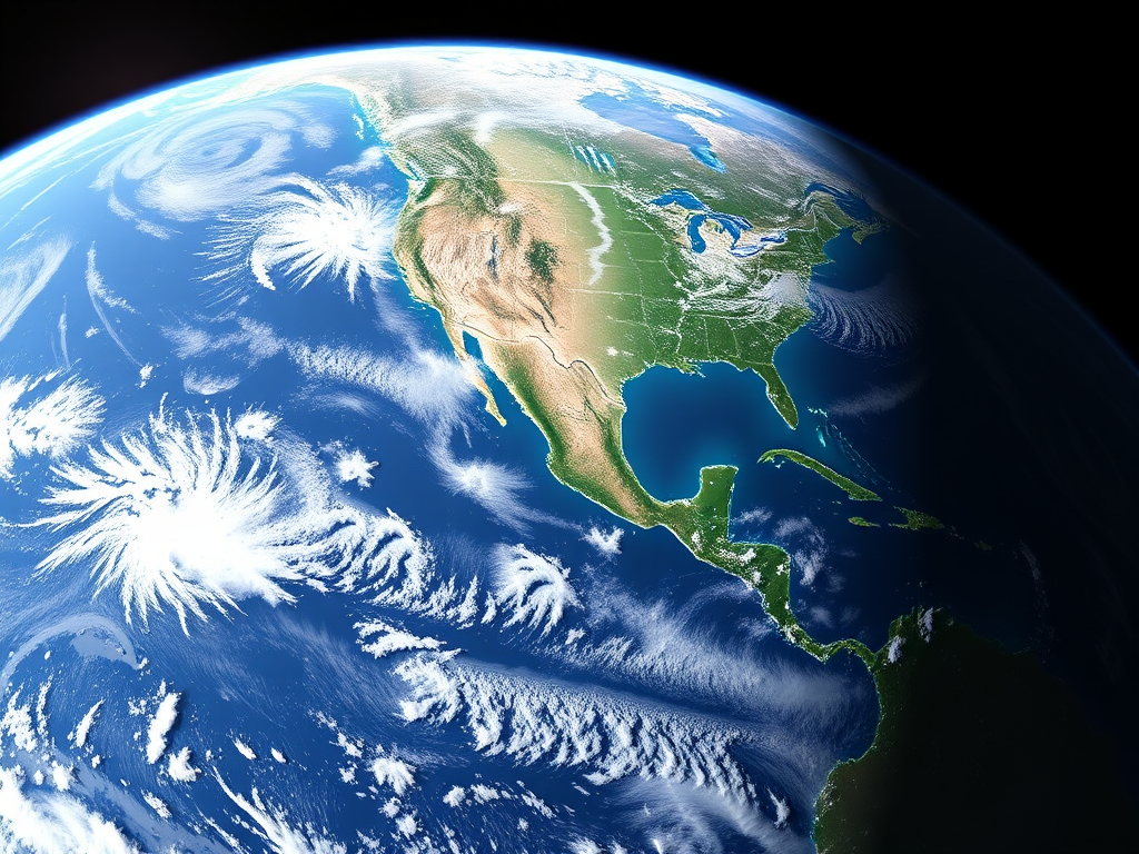 Generate a high-resolution image of Earth from space, capturing both the Americas and surrounding oceanic features, using a DSLR camera with a 24mm lens, aperture f/8, ISO 100, and a wide-angle view, simulating a clear atmosphere and bright daylight.