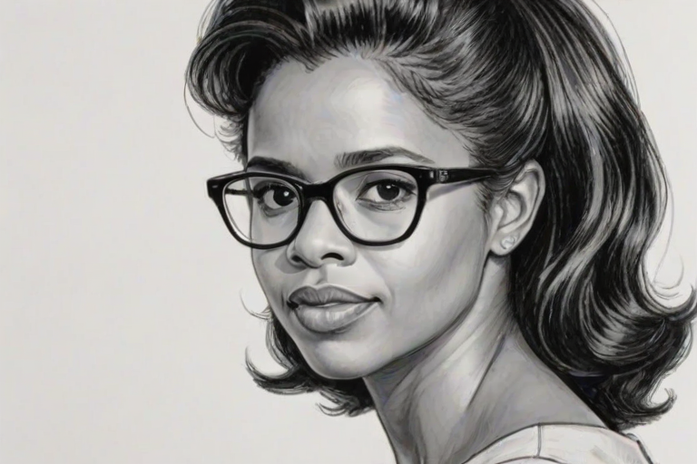 Attractive Renee Elise Goldsberry, pencil sketch, portrait of Comely woman 1963s in glasses, hair style beatnik, outline, clear lines, fine lines, 8k