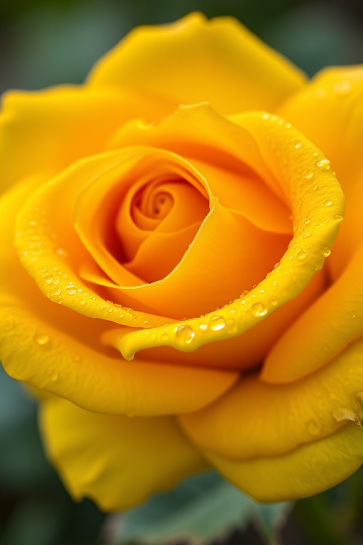 Close-up shot of a yellow rose with dew drops on its petals, taken with a DSLR camera, 50mm lens, f/2.8 aperture, ISO 100, 1/200 sec shutter speed, natural light with a soft bokeh background.