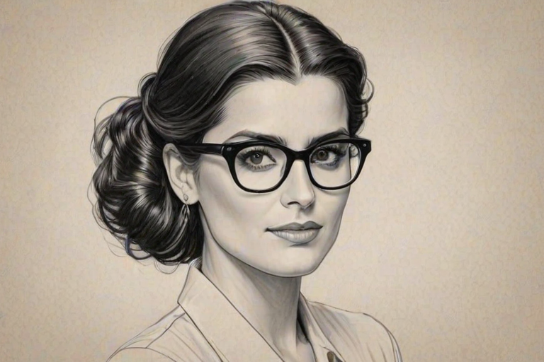 Ravishing Nelly Furtado, pencil sketch, portrait of Bewitching woman 1941s in glasses, hair style beatnik, outline, clear lines, fine lines, 8k