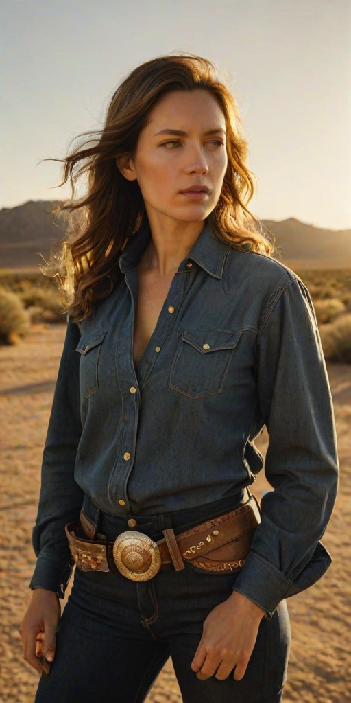 Dramatic photo of a beautiful Western American woman, classic cowboy attire, confident and free spirit expression, half-length portrait, centered, golden hour desert landscape, warm, diffused light, low angle, medium format film camera, in style of Annie Leibovitz.