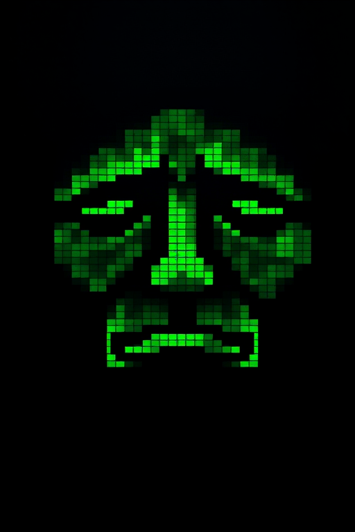 create a pixel art image of a sad face with green pixels on a black background, focus on achieving high contrast, use a Canon EOS 5D Mark IV, aperture f/8, ISO 200, 50mm lens, top-down view, vibrant color scheme, sharp details