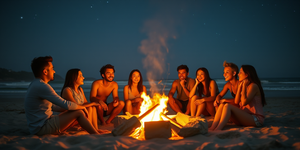 Warmly lit image of a group of friends gathered around a bonfire on a beach, soft glow from the flames casting warm shadows on their faces, distant stars twinkling in the night sky, and the sound of laughter and waves filling the air.