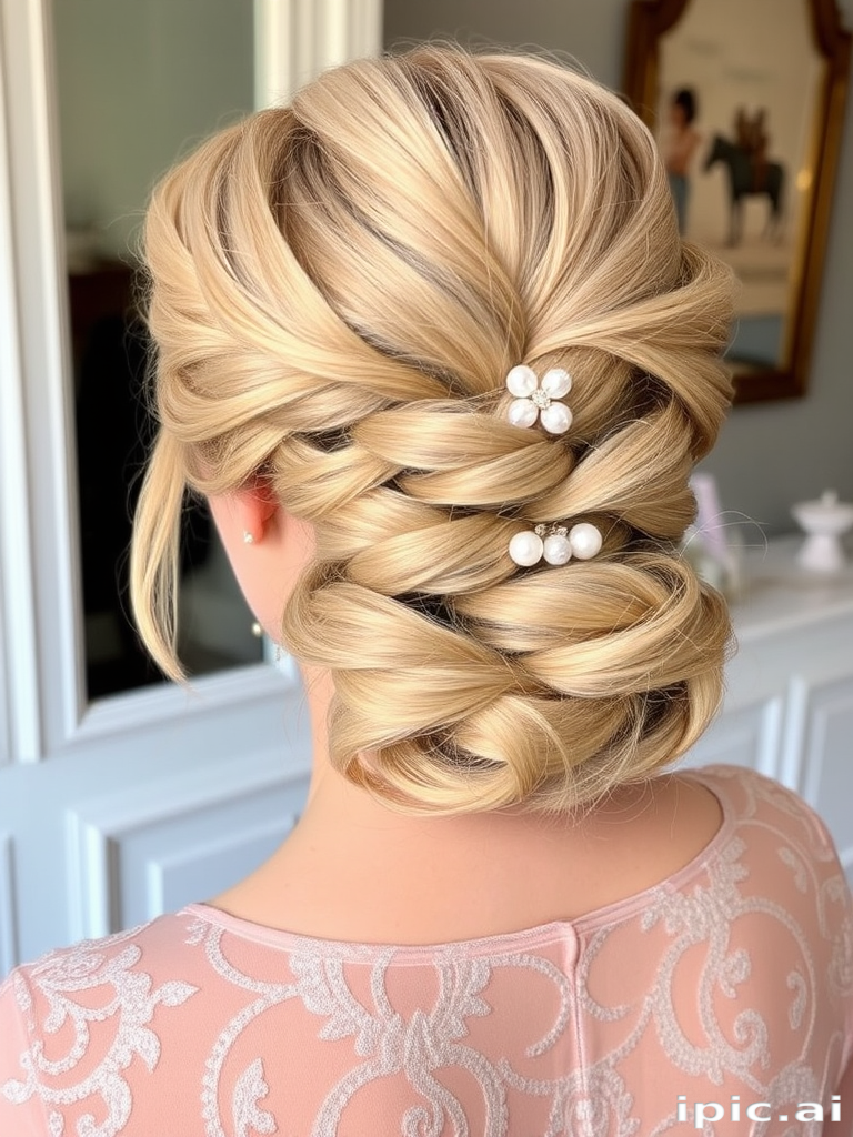 Gilded Champagne Shimmer boasts a luxurious blend of pale gold and warm beige tones, styled in an intricate updo with delicate braided details and pearl accents