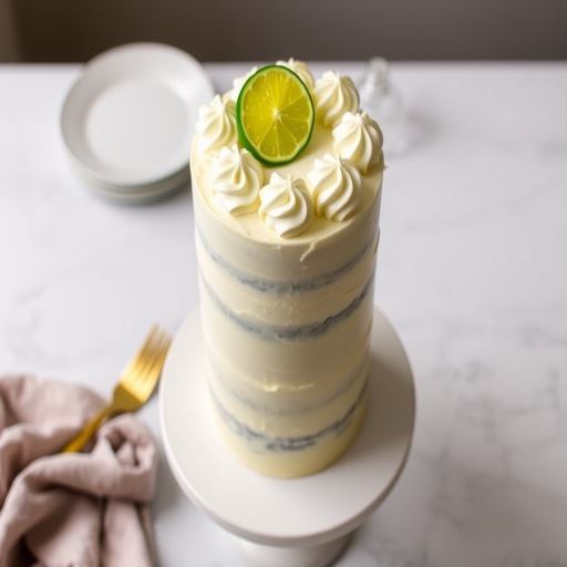 A tall cake with a smooth cream frosting topped with decorative swirls and a slice of lime on top displayed on a white cake stand with a gold fork and a plate in the background on a marble surface.