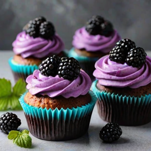 Generate an image of colorful cupcakes with a vibrant purple frosting topped with fresh blackberries. The cupcakes should have a crumbly crust and a glossy berry topping, arranged beautifully on a light background with a touch of greenery in the scene.
