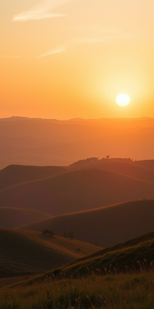 Generate an image of a serene landscape featuring rolling hills and a sunset, shot with a Canon EOS R5, 50mm lens, f/1.8 aperture, ISO 100, 1/125 sec shutter speed, in vibrant colors with a warm golden light.