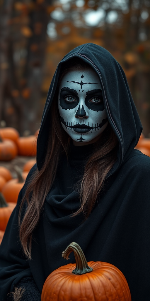 Portrait of a woman with skull face paint wearing a dark cloak in an autumnal setting with pumpkins, shallow depth of field, soft lighting, captured with a Canon EOS R5, 50mm lens, f/1.8, ISO 100, natural light.