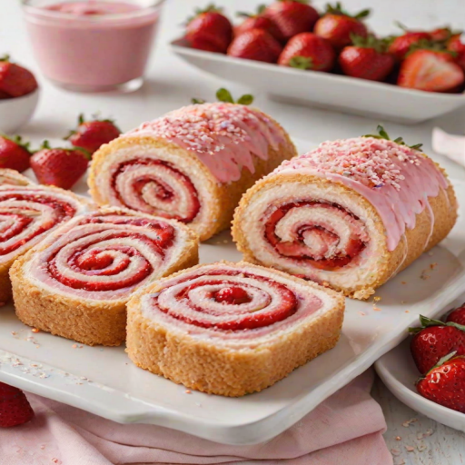 Create a vibrant and delicious dessert display featuring pink strawberry roll cakes. The cakes should be sliced to reveal their soft, fluffy texture and creamy filling, topped with fresh strawberries and a sprinkle of crumbly topping. Arrange the slices neatly on a white platter, with a soft-focus background that enhances the sweetness of the dessert.