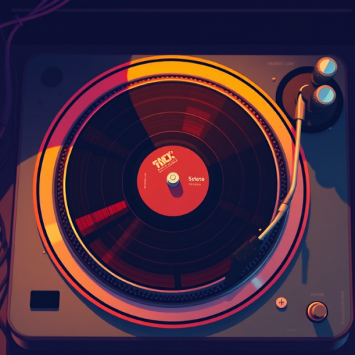 Create a high-quality illustration of a vintage turntable with a vinyl record, using a soft-focus lens effect, set at f/2.8 aperture, ISO 100, 50mm lens, overhead view, vibrant color palette, retro style.