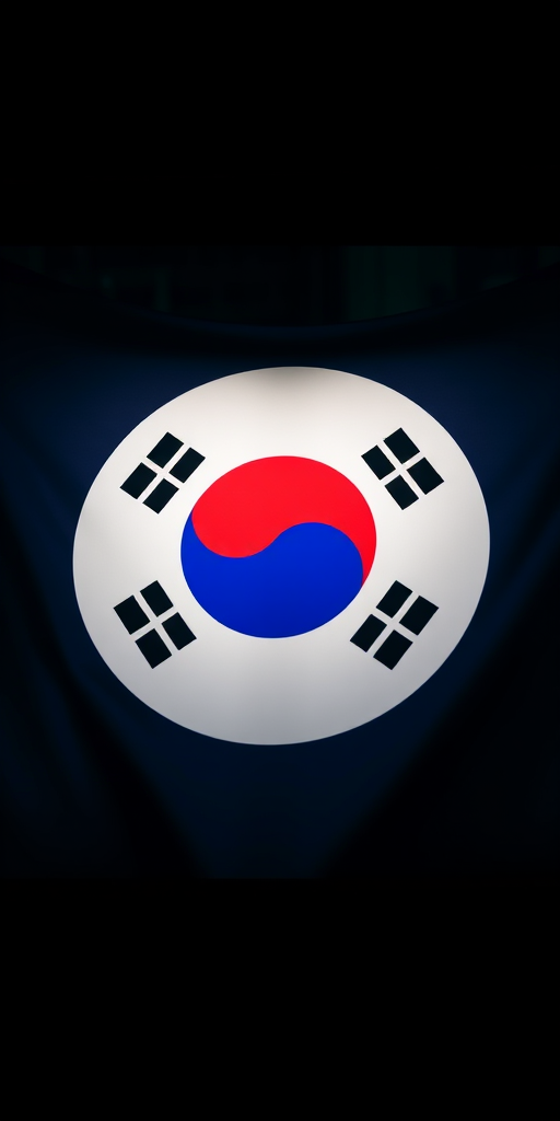 Create a high-resolution image of the South Korean flag symbol, featuring the traditional Taeguk circle in the center, using a DSLR camera, 50mm lens, f/2.8 aperture, ISO 100, shot from a low angle for dramatic effect, with soft lighting to enhance colors.