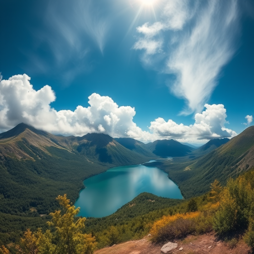 Capture a vibrant landscape of a serene mountain lake surrounded by lush greenery and dramatic cloud formations under a bright blue sky, shot with a Canon EOS R5, 24mm lens, f/8 aperture, 1/250 sec shutter speed, ISO 100, wide-angle view to enhance depth and detail.