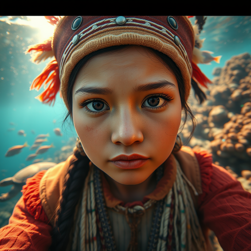 Realistic selfie image of a First Nations, wearing a vintage outfit, detailed dreamy eyes, droopy hooded eyes, staring at the camera, taken underwater at coral reef with a sunbeam filtering through the water, vibrant, summer vacation, natural lighting, turtle and school of tropical fish with vibrant colors, rendered in the style of CryEngine, Pegi Nicol MacLeod, with realistic genre scenes, hauntingly beautiful narratives, ultra-realism, and Thomas Saliot's close-up technique, 8K resolution, crystal clear and sparkling water.