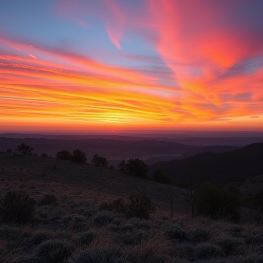 Generate a high-resolution image of a serene landscape at sunset with vibrant colors in the sky, using a Nikon D850 camera, f/8 aperture, ISO 100, 50mm lens, shot in landscape orientation.