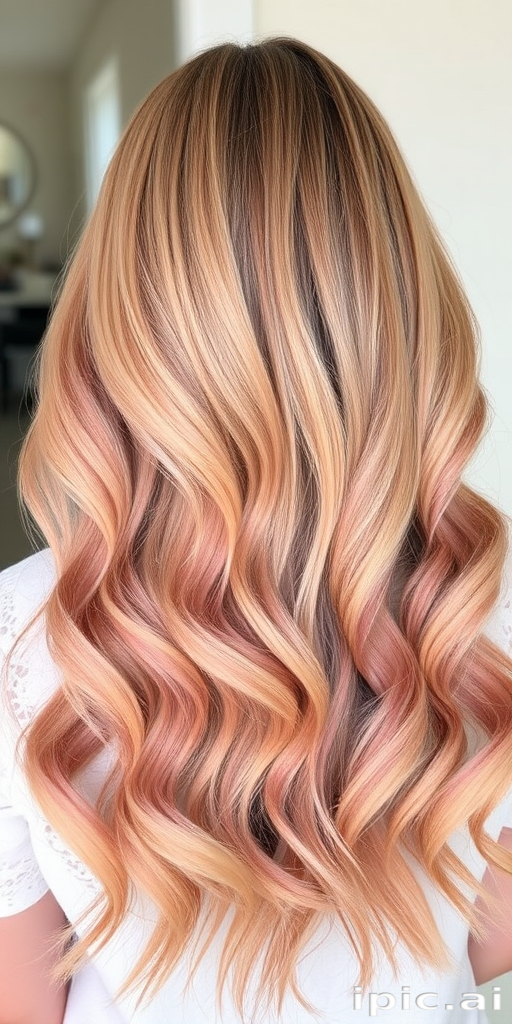Rose gold balayage on long beachy waves, Blushing Sands style, blending warm pink tones with golden blonde for a romantic, sun-kissed effect